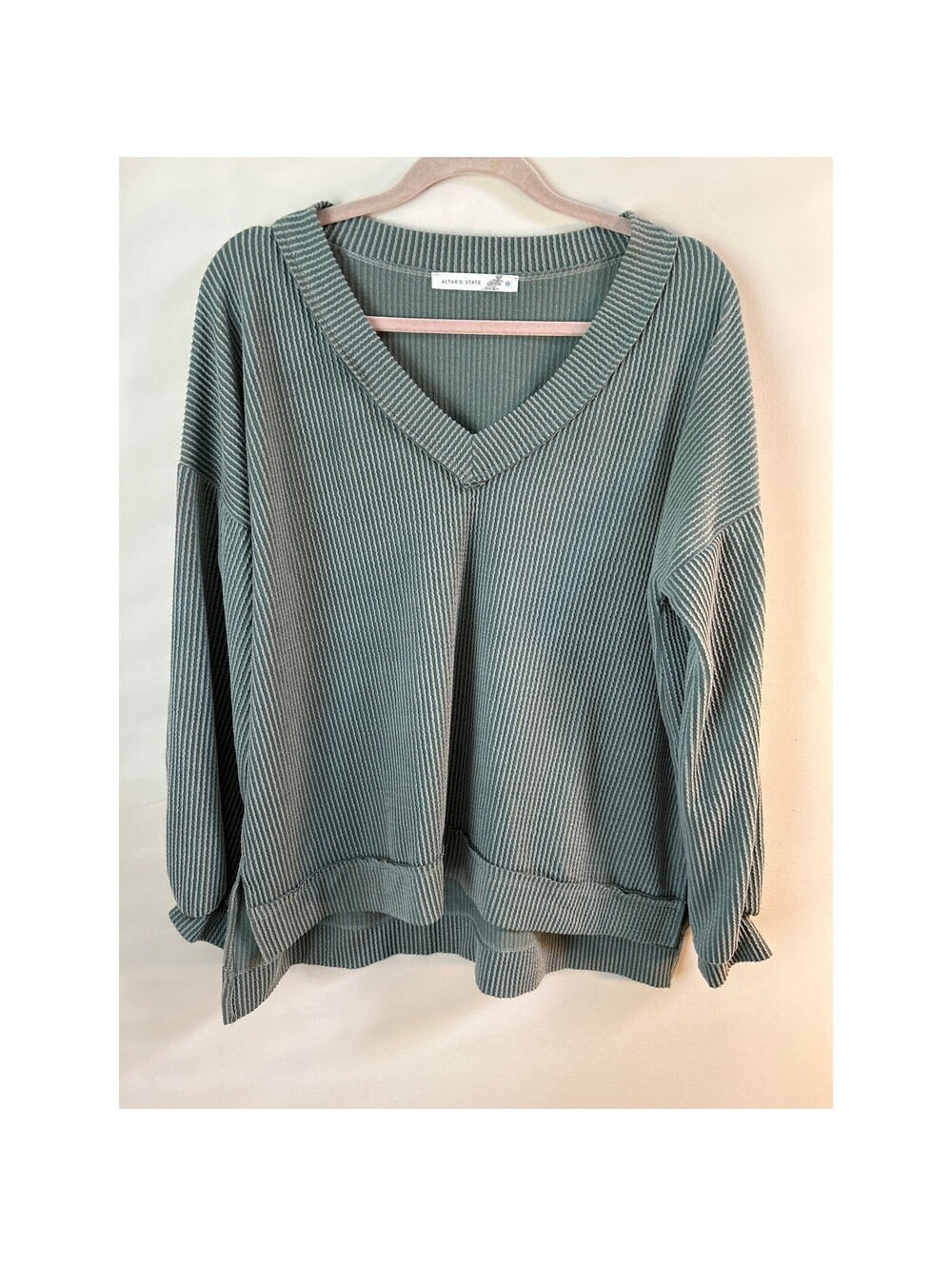 Altar'd State Women's M Sage Green Ribbed V Neck Oversized Pullover Sweater